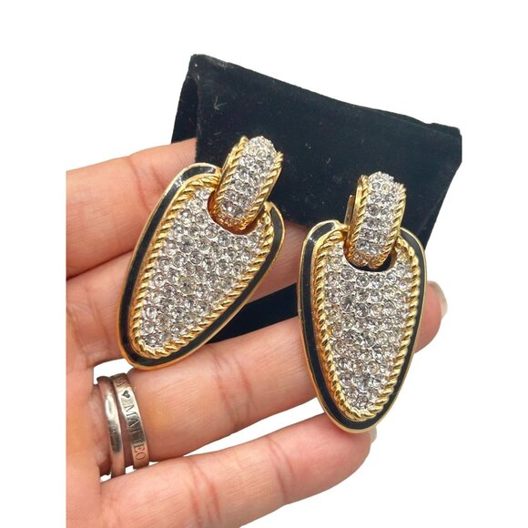Swarovski Swan Signed Statement Clip Earrings Crystals Pave Gold & Black Enamel - Picture 1 of 10